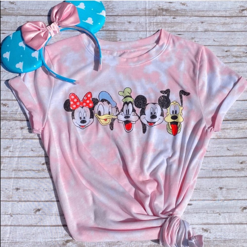 Pink Tie Dye Disney Characters Fitted T Shirt